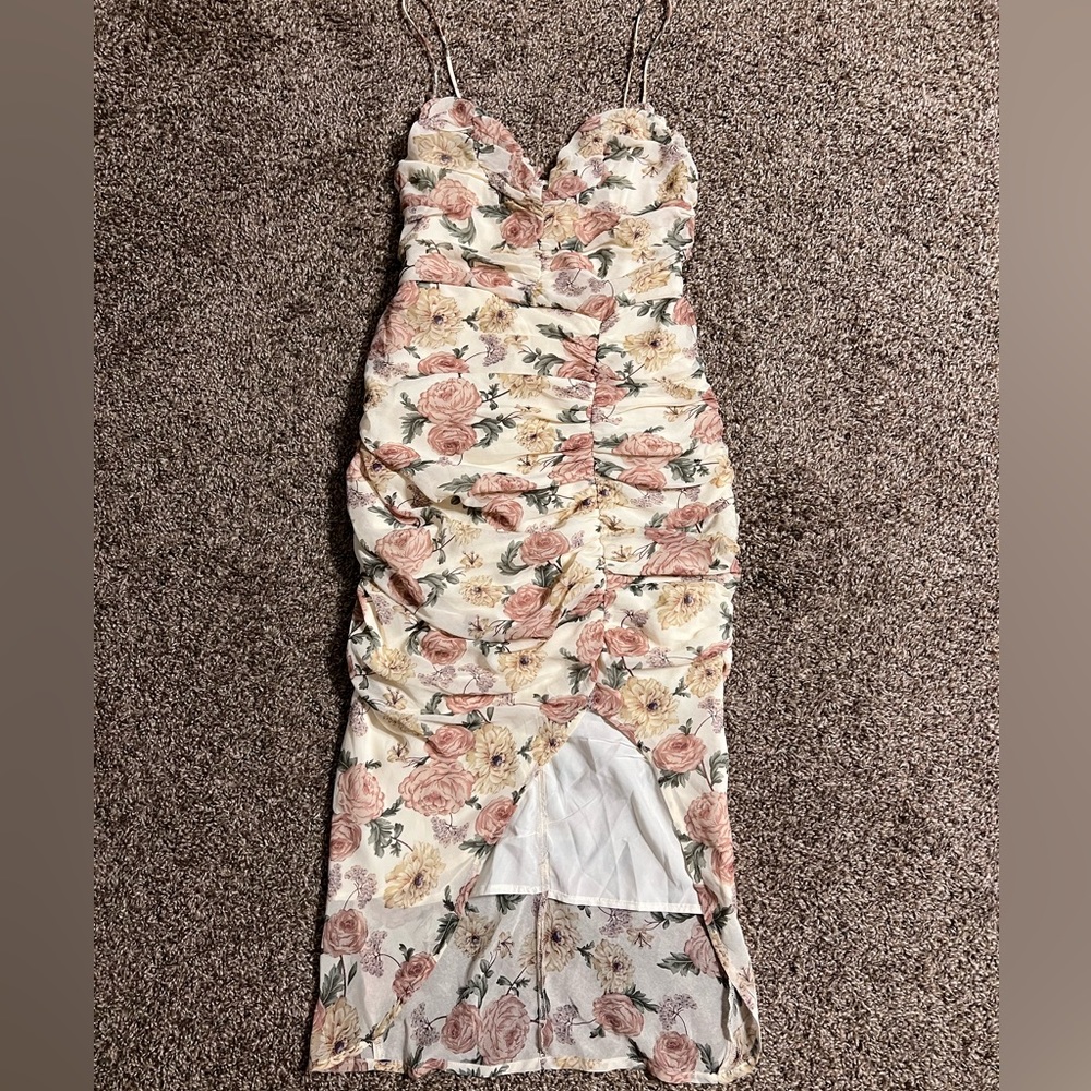 Vici Floral Ruched Midi Dress in Cream with Pink & Green Accents - Picture 8 of 16